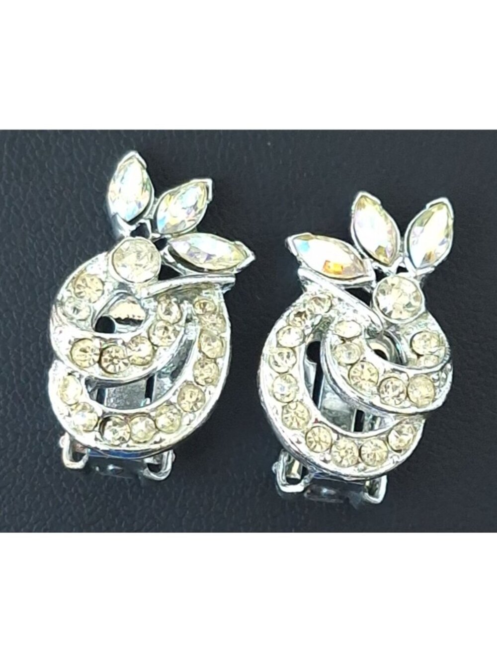 Vintage Signed BOGOFF AB Rhinestone Swirl Clip On Earrings Rhodium Plated 1950s